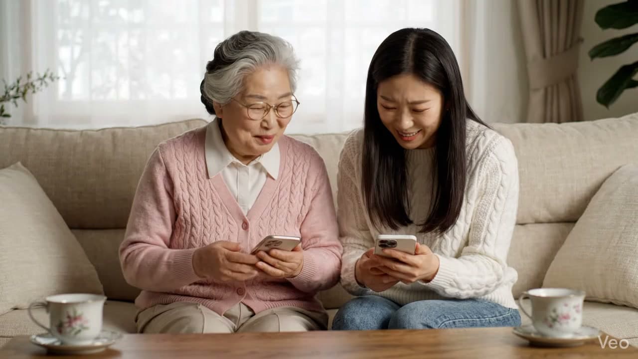 부모님과 자녀가 스마트폰을 함께 보며 웃고 있는 모습